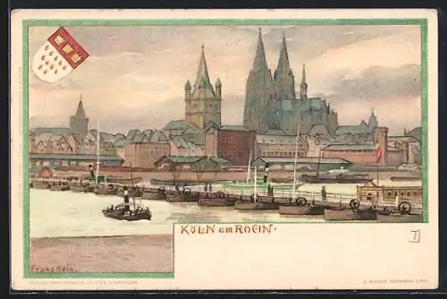 Künstler-AK Franz Hein: Köln, Blick über den Hafen mit Booten, Dom, Wappen