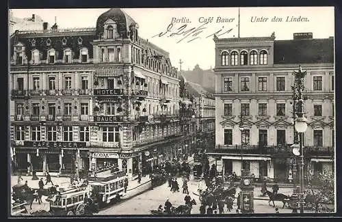 AK Berlin, Cafe Bauer Unter den Linden, mit Pferdebahn