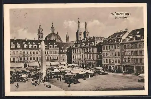 AK Würzburg, Marktplatz mit Marktständen u. Geschäften