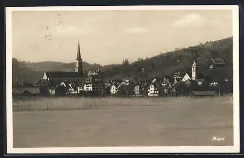 AK Aegeri, Ortspanorama mit Kirchen vom Wasser aus