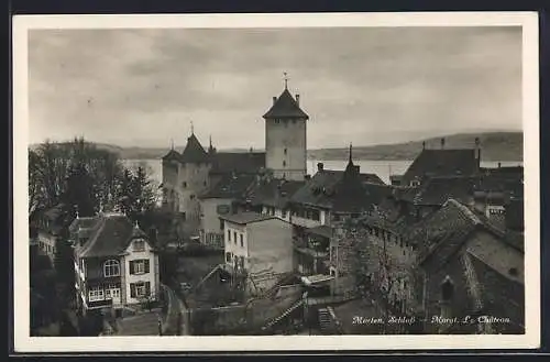 AK Murten, Schloss Morat mit Seeblick aus der Vogelschau