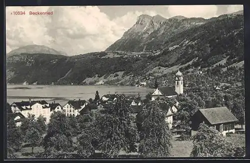 AK Beckenried, Ortsansicht mit See und Bergpanorama