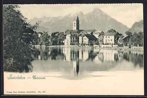 AK Interlaken, Unterseen, Panorama mit Gipfel vom Wasser aus