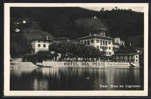 AK Ponte Tresa, Hotel del Pesce vom Luganersee aus gesehen