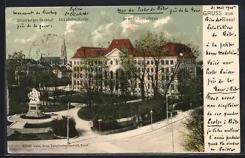 AK Basel, Panorama mit Strassburger Denkmal, Elisabethenkirche und De Wette Schulhaus aus der Vogelschau