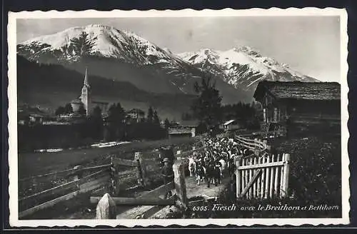 AK Fiesch, Ortsansicht mit Ziegenherde, Breithorn und Betlihorn