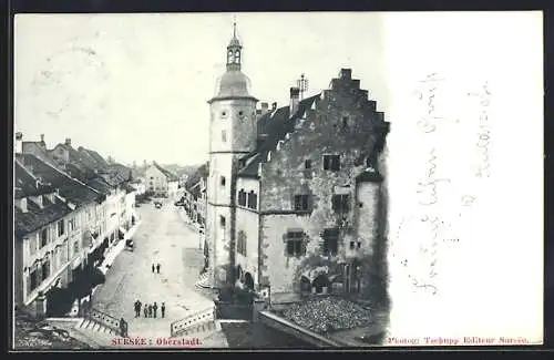 AK Sursee, Oberstadt, Strassenpartie mit Turmgebäude aus der Vogelschau