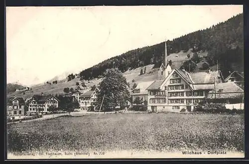 AK Wildhaus, Dorfplatz-Panorama mit Kirche und Gasthaus