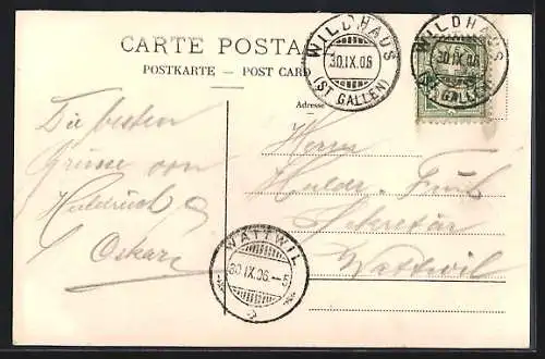 AK Wildhaus, Dorfplatz-Panorama mit Kirche und Gasthaus