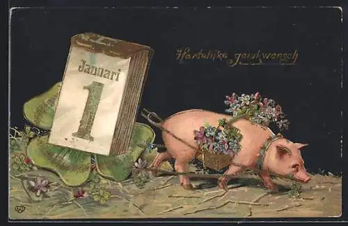 Präge-AK Schwein mit Blumenkörben zieht Kalender und Kleeblatt, Neujahrsgruss