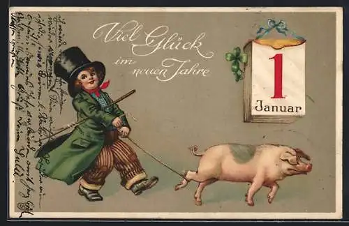 AK Kleiner Landstreicher mit Schwein an der Leine, Kalender, Neujahrsgruss