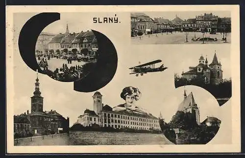 AK Slany, Marktplatz, Kirche, Turmgebäude, Doppeldecker-Flugzeug