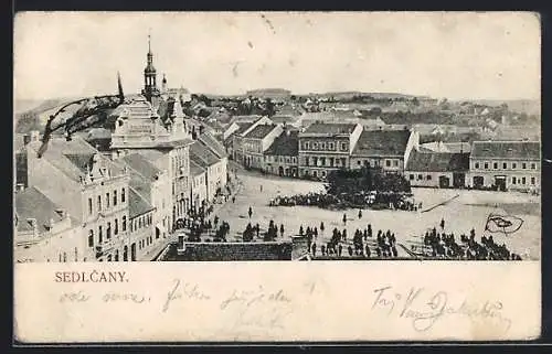 AK Sedlcany, Marktplatz aus der Vogelschau