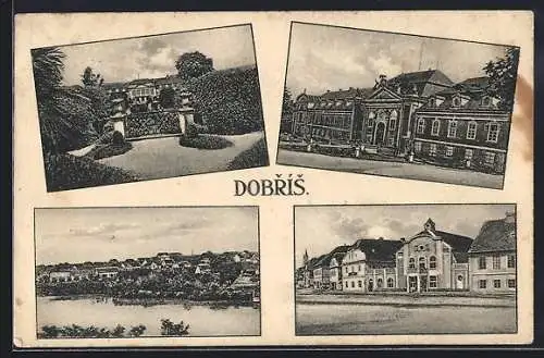 AK Dobris, Flusspartie, Strassenpartie und Schloss, Ortsansichten