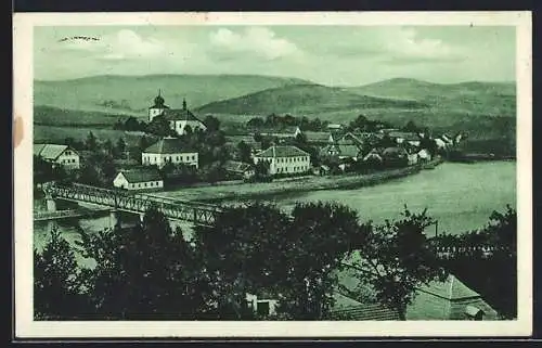 AK Kamyk nad Vltavou, Gesamtansicht mit Brücke aus der Vogelschau