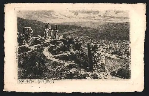 Künstler-AK Traben-Trarbach, Burgruine mit Ortsblick und Brücke