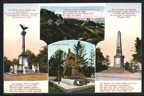 AK Rudelsburg, Ansichten v. Bismarck-Denkmal u. Kaiser Wilhelm I Denkmal