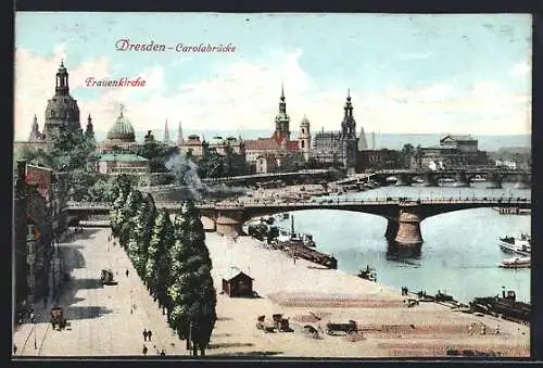 AK Dresden, Carolabrücke mit Strasse u. Frauenkirchen-Panorama