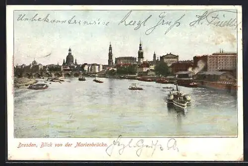 AK Dresden, Stadtpanorama von der Marienbrücke aus