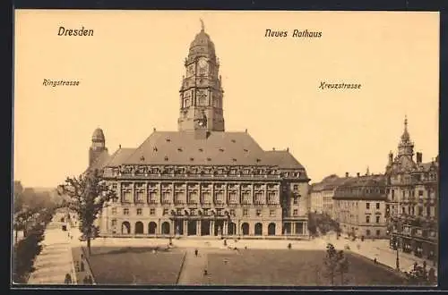 AK Dresden, Ringstrasse mit Neuen Rathaus und Kreuzstrasse