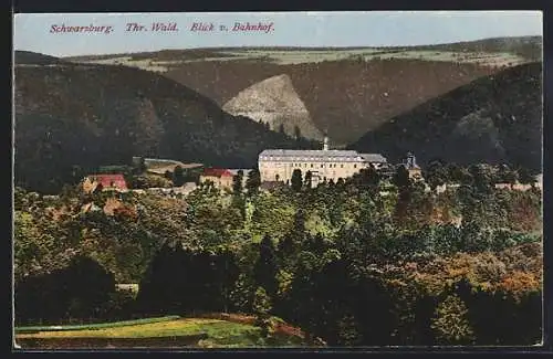 AK Schwarzburg, Blick vom Bahnhof auf den Ort mit der Schwarzburg