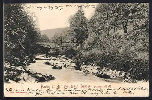 AK Bad Blankenburg /Schwarzathal, Partie an der steinernen Brücke