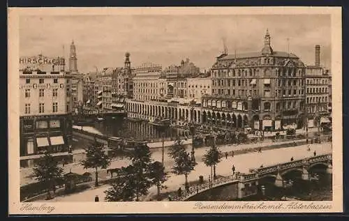 AK Hamburg, Reesendammbrücke mit Geschäftshaus Hirsch & Cie. und Alsterbassin