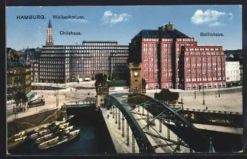 AK Hamburg Kontorhausviertel, Wolkenkartzer Chilehaus u. Ballinhaus, Strassenbahn