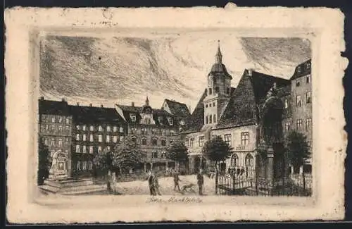 Künstler-AK Jena, Marktplatz mit Bismarckbrunnen und Kurfürstendenkmal, Federzeichnung