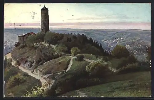 AK Jena, Fuchsturm aus der Vogelschau mit Umgebung und Stadtblick