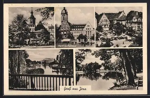 AK Jena, Hanfried mit Göhre, Markt mit Rathaus, Paradies mit Blick v. d. Schwanenbrücke