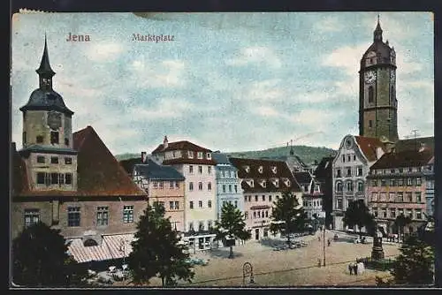 AK Jena, Marktplatz mit Geschäften und Rathaus