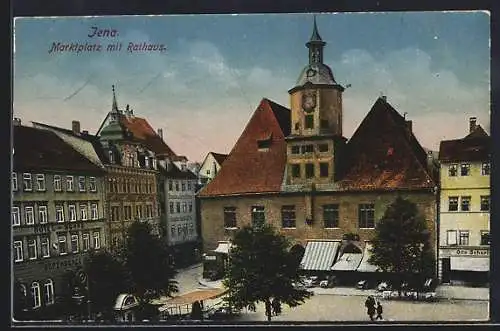 AK Jena, Marktplatz mit Hotel zur Sonne, Geschäft und Rathaus