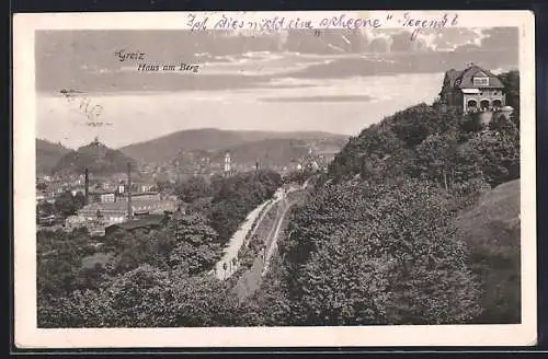 AK Greiz, Panoramablick mit dem Haus am Berg