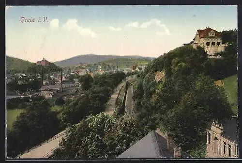 AK Greiz, Ortsansicht mit Schloss und Industriegebiet