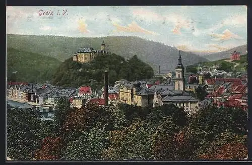 AK Greiz i. V., Panoramablick vom Berg gesehen