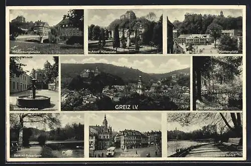 AK Greiz, Gesamtansicht, platz, der Röhrenbrunnen, an der Idahöhe, Marienplatz, Schlossansicht vom Park aus