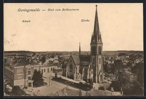 AK Geringswalde, Blick vom Rathausturm mit Schule und Kirche