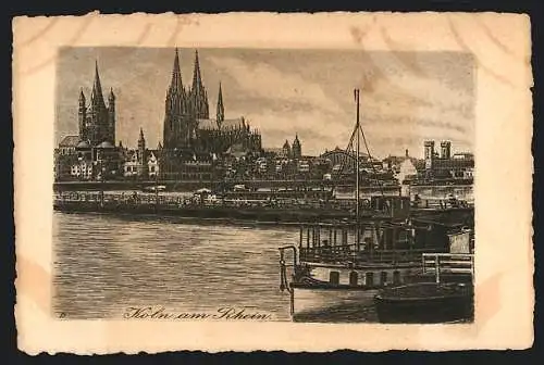 Künstler-AK Köln am Rhein, Ortsansicht über den Fluss mit dem Dom