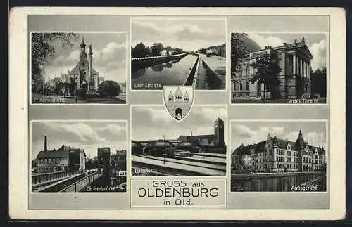 AK Oldenburg i. Old., Landes-Theater, Amtsgericht, Bahnhof