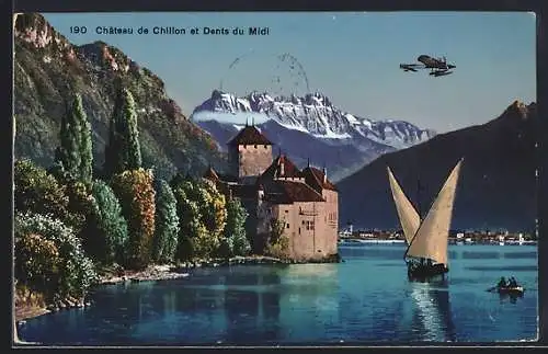 AK Chillon, Chateau et Dents du Midi, Eindecker-Flugzeug