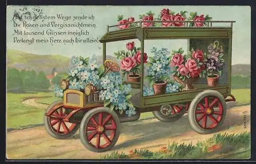 Lithographie Auto mit Blumenschmuck aus Veilchen und Rosen