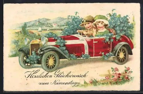 AK Zwei Kinder in einem Auto mit Vergissmeinnicht, Namenstagskarte