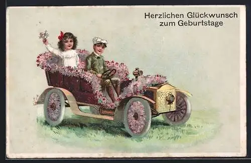 AK Auto, Knabe als Chauffeur und Mädchen auf der Rückbank, Geburtstagskarte