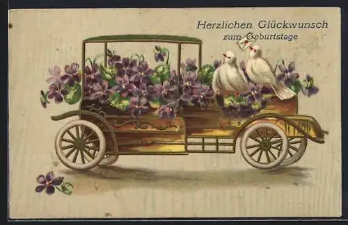 AK Zwei Turteltauben auf einem Auto mit Veilchen, Geburtstagskarte