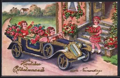 AK Zwei Damen in einem Auto voll Rosen begrüssen eine dritte, Namenstagskarte