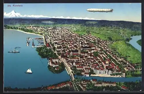 AK Konstanz, Gesamtansicht mit Zeppelin