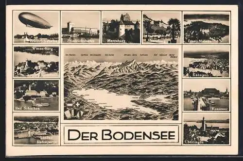 AK Landkarte Der Bodensee mit Zeppelin über Friedrichshafen, Bad Schachen & Meersburg