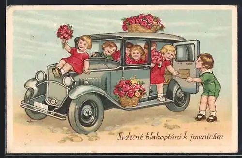 AK Kindergruppe mit Blumen an einem Auto, Glückwunschkarte