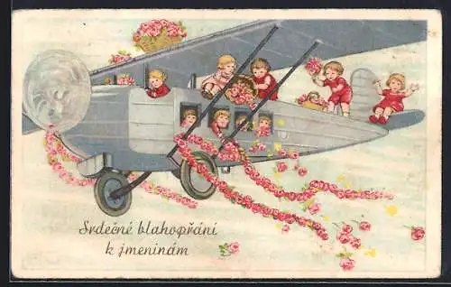 AK Kindergruppe mit Blumen auf einem Eindecker-Flugzeug, Glückwunschkarte